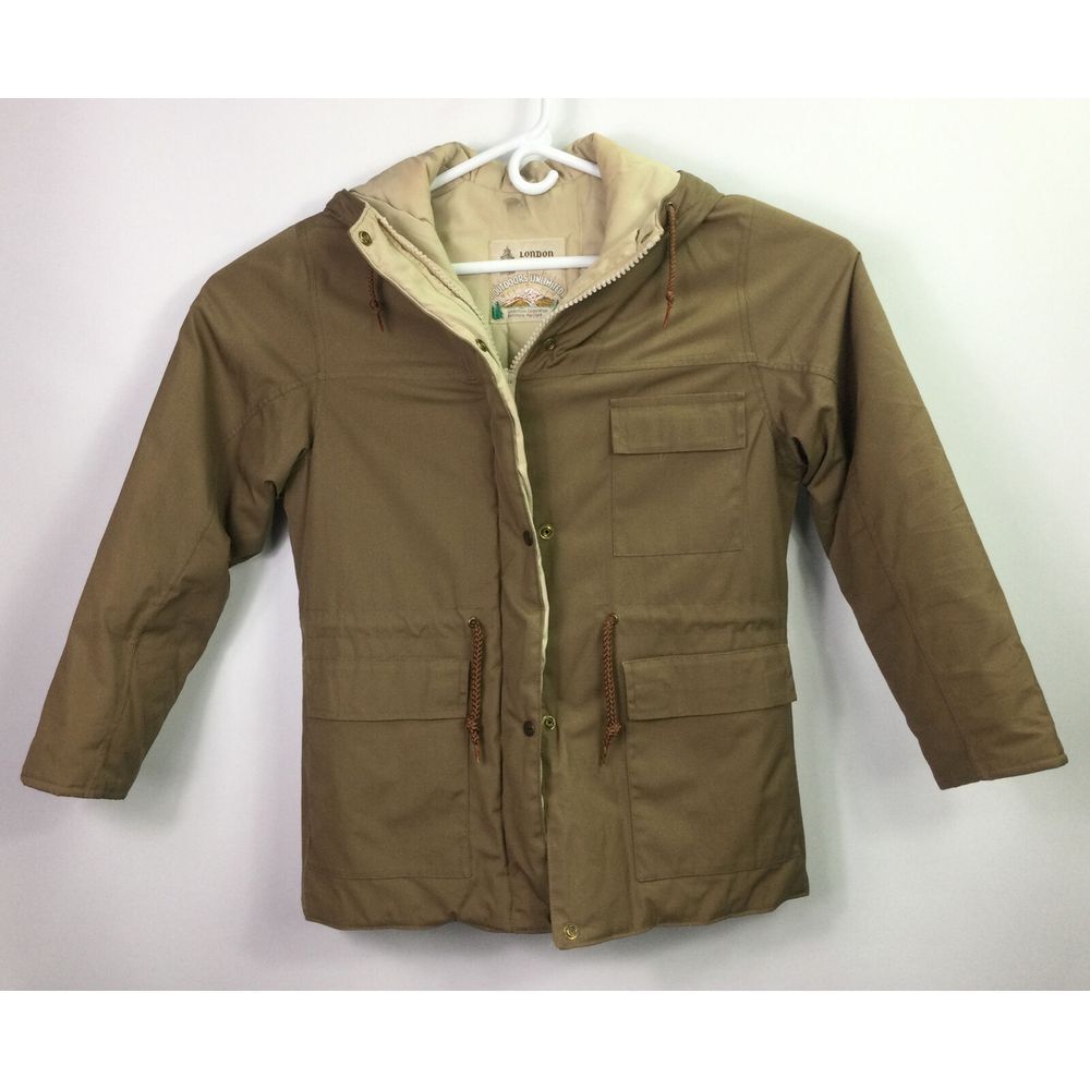London Fog Winter Coat Women Sz 9/10 Hood Outdoors Unlimited Khaki Tan Zip Snap